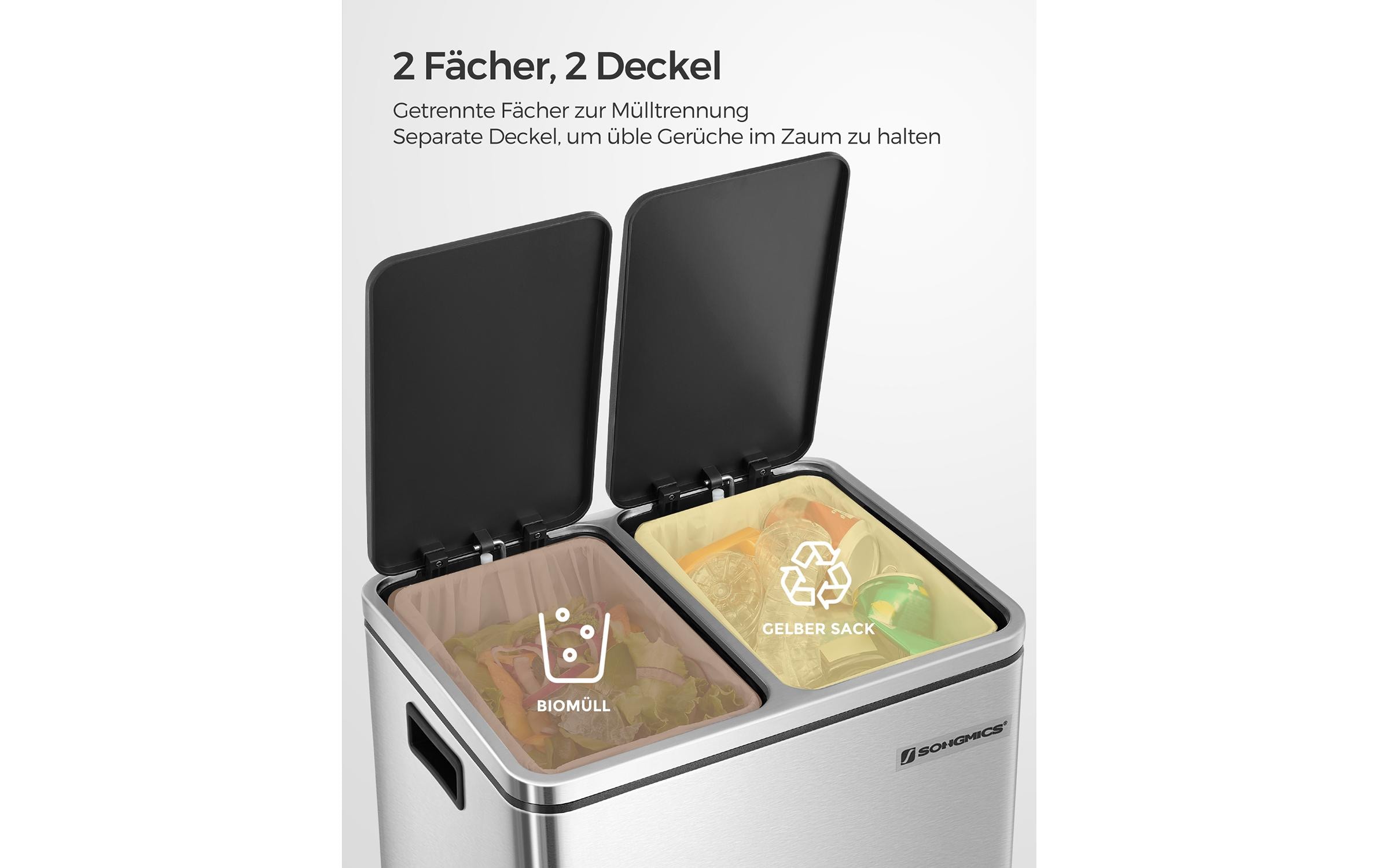Abfalleimer 30 l, Silber<br>Treteimer mit zwei Fächern