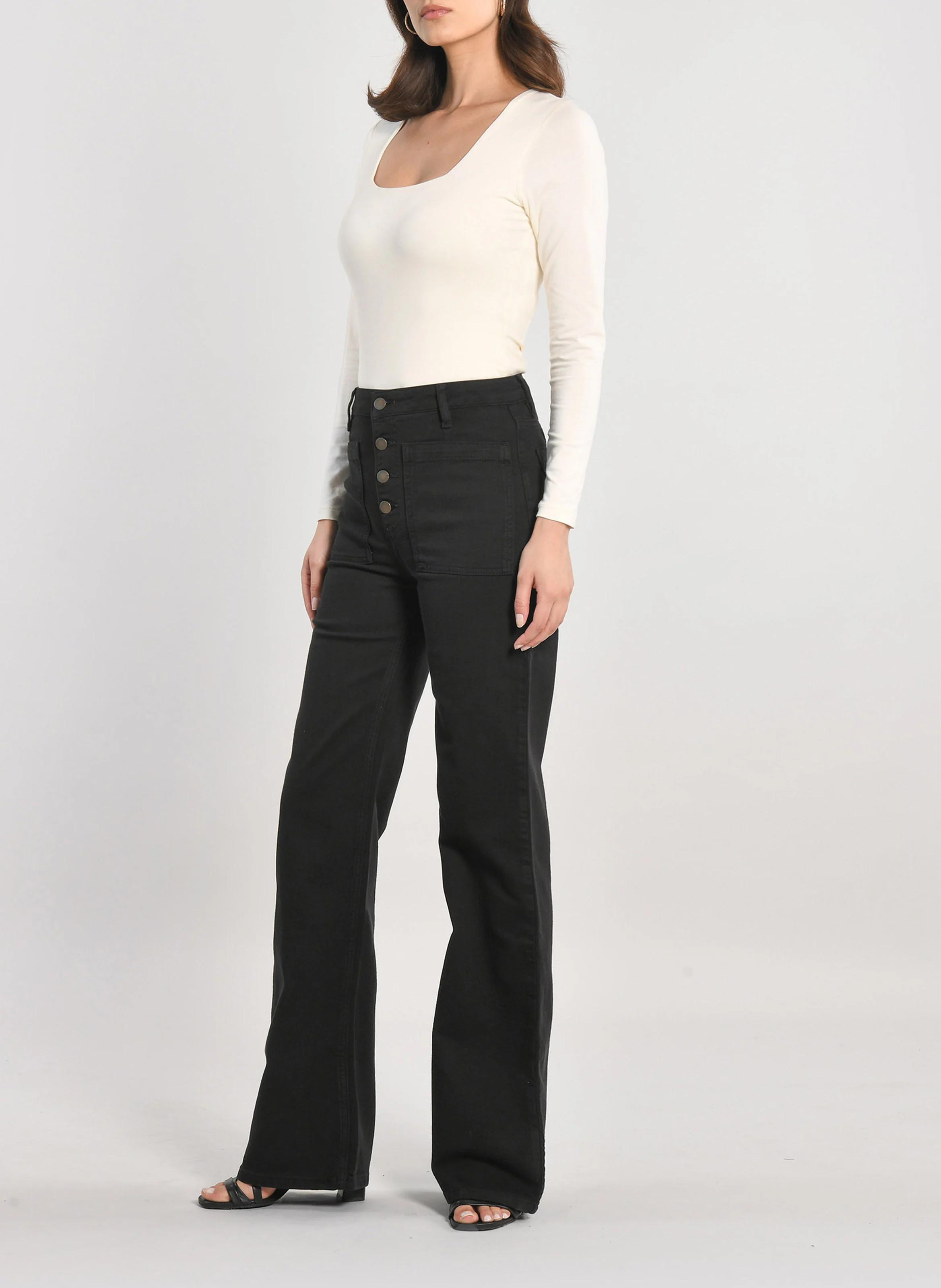 THADEE - Pantalon flare à fermeture boutonnée en coton mélangé | Noir