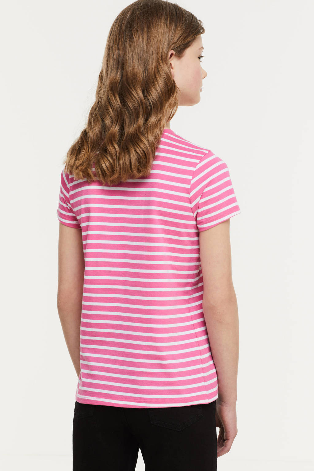 anytime gestreepte T-shirt koraalroze