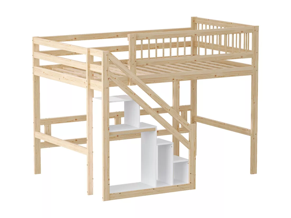 Lit mezzanine 140 x 200 cm avec placard de rangement - Bois massif + MDF - Naturel et blanc (sans matelas)