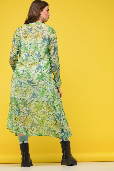 Maxikleid, A-Line, Chiffon, Blumen-Print, V-Ausschnitt, Langarm