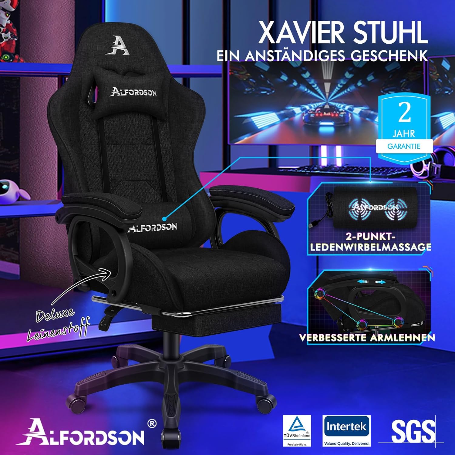 ALFORDSON Massage GamerStuhl, Computer Bürostuhl mit Fußstütze, 2-Punkt-Massage Stuhl 180kg Belastbarkeit, 90-150° Rückenlehne einstellbar Ergonomischer PC Stuhl, 360° drehbar, Leinenstoff, Schwarz