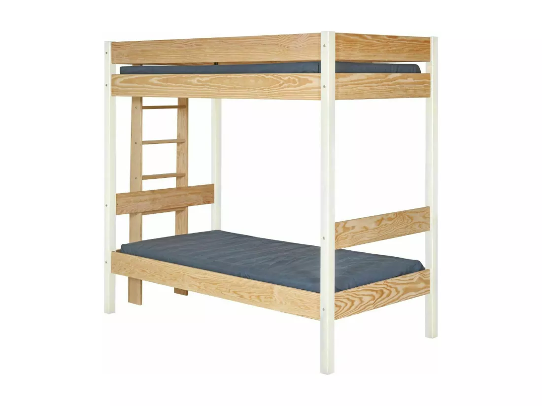Pack lit superposé avec matelas 90x190 cm bois massif blanc et bois TINO