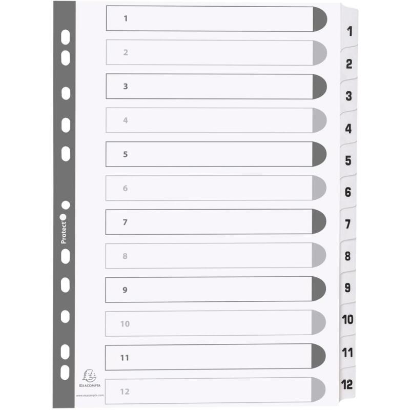 Intercalaires imprimés à touches plastifiées - 12 touches 1 à 12 - A4 - Blanc