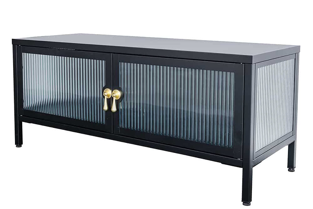 Modernes TV-Lowboard AMSTERDAM 90cm schwarz gold Riffelglas Metall Vitrine Schrank