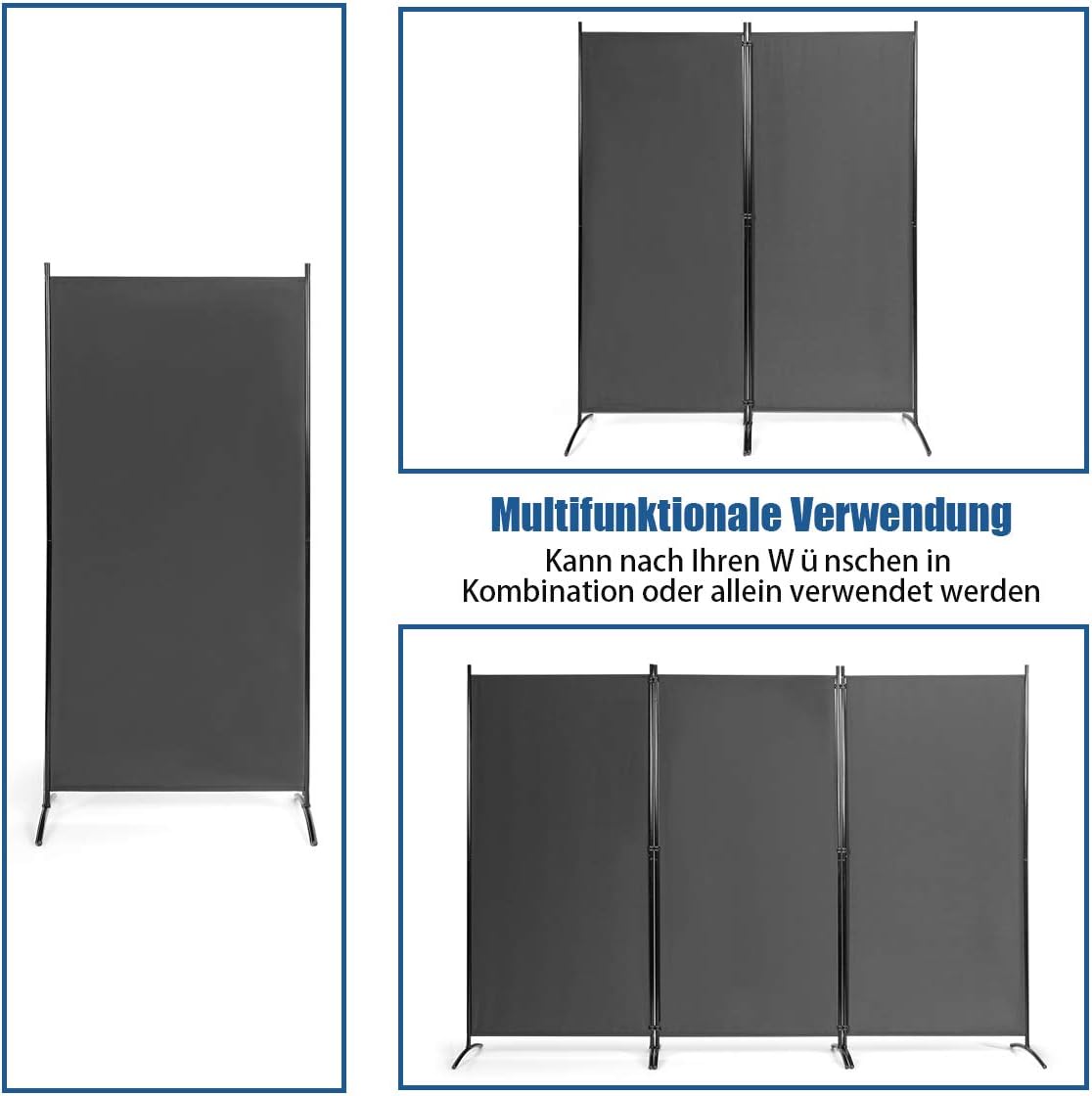 COSTWAY 260 x 183cm Raumteiler, Paravent 3 teilig klappbar, Trennwand Wandschirm aus Metall & Polyester, Sichtschutz Room Divider Innen für Zuhause Büro Terrasse (Grau, 3-teiliger) HH5082837