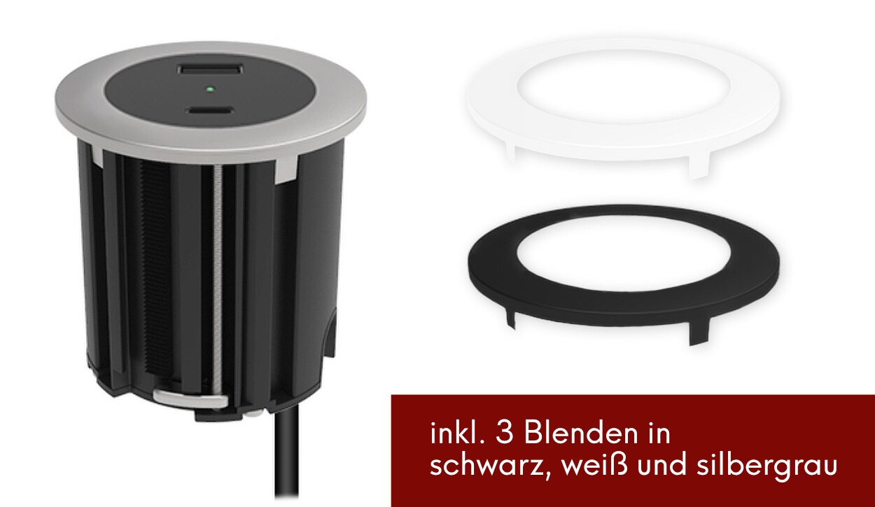kalb | USB Einbausteckdose mit 2 USB-Anschlüssen, 54mm rund für Montage in und an Möbeln / Platten, mit EU-Stecker, inkl. farbiger Blenden