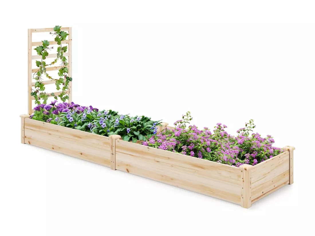 Jardinière avec Treillis en Bois avec Base Ouverte, 2 Bacs à Fleurs Extérieur pour Plante Grimpante, Lit de Jardin Surélevée Résistance à la Pourriture, 235 x 63 x 102 cm