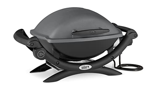 Weber Q1400 Barbecue électrique, surface de cuisson 43 x 32 cm, nomade, grille en fonte émaillée divisée en 2 parties, couvercle et cuve en fonte d’aluminium – Gris foncé (52020053)