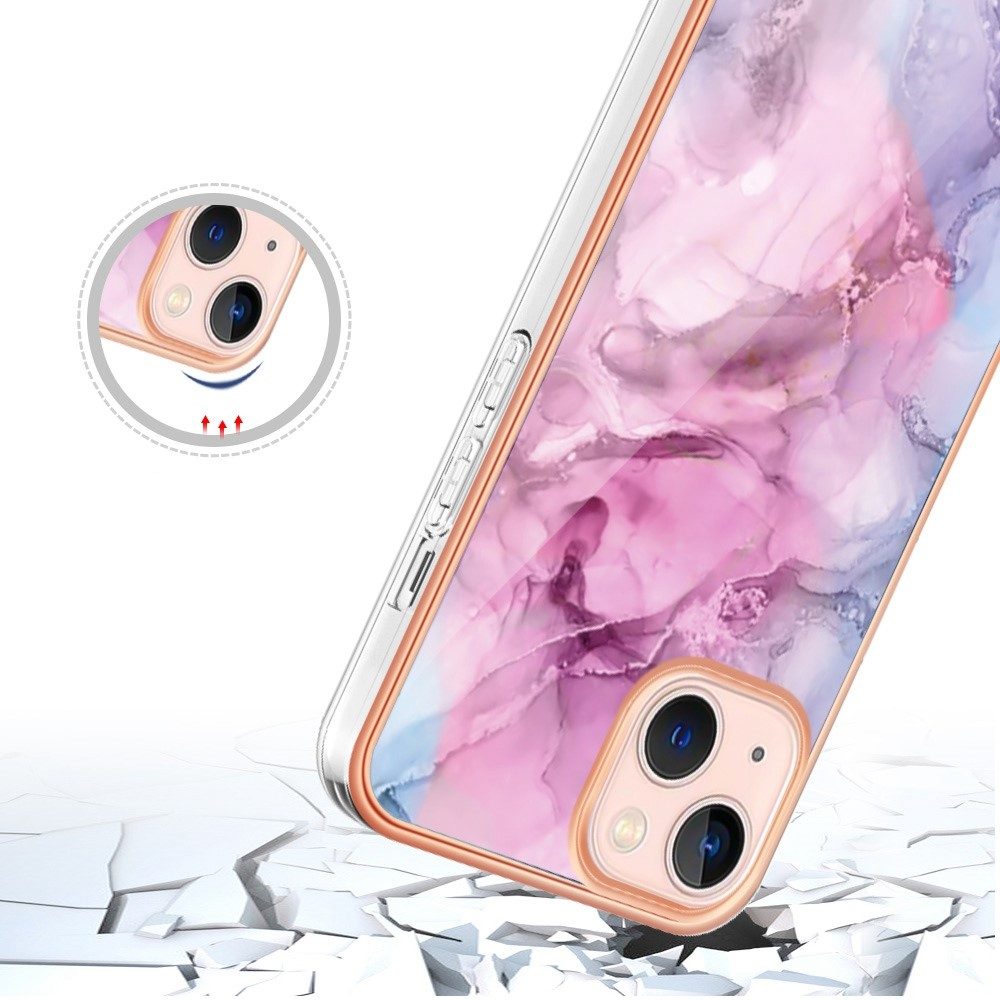 iPhone 14 Gummi Case Hülle Galvanisierter Rahmen Marble Marmor Design - Pink / Lila / Roségold