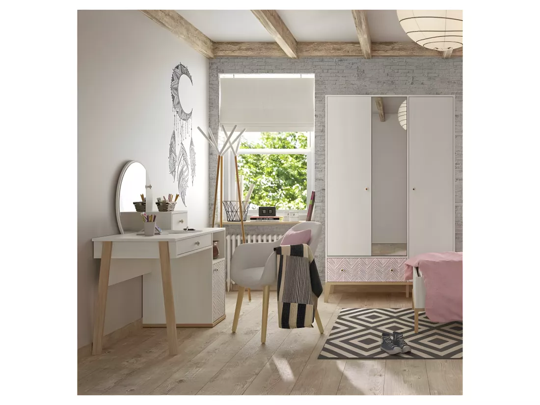 Coiffeuse 1 porte 2 tiroirs Bois blanchi - SOLVEIG