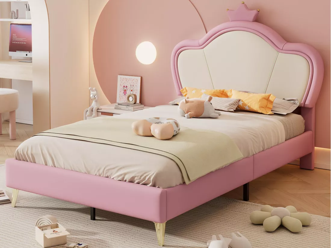 Lit enfant 90x200cm en similicuir - design unique - Rose & Blanc