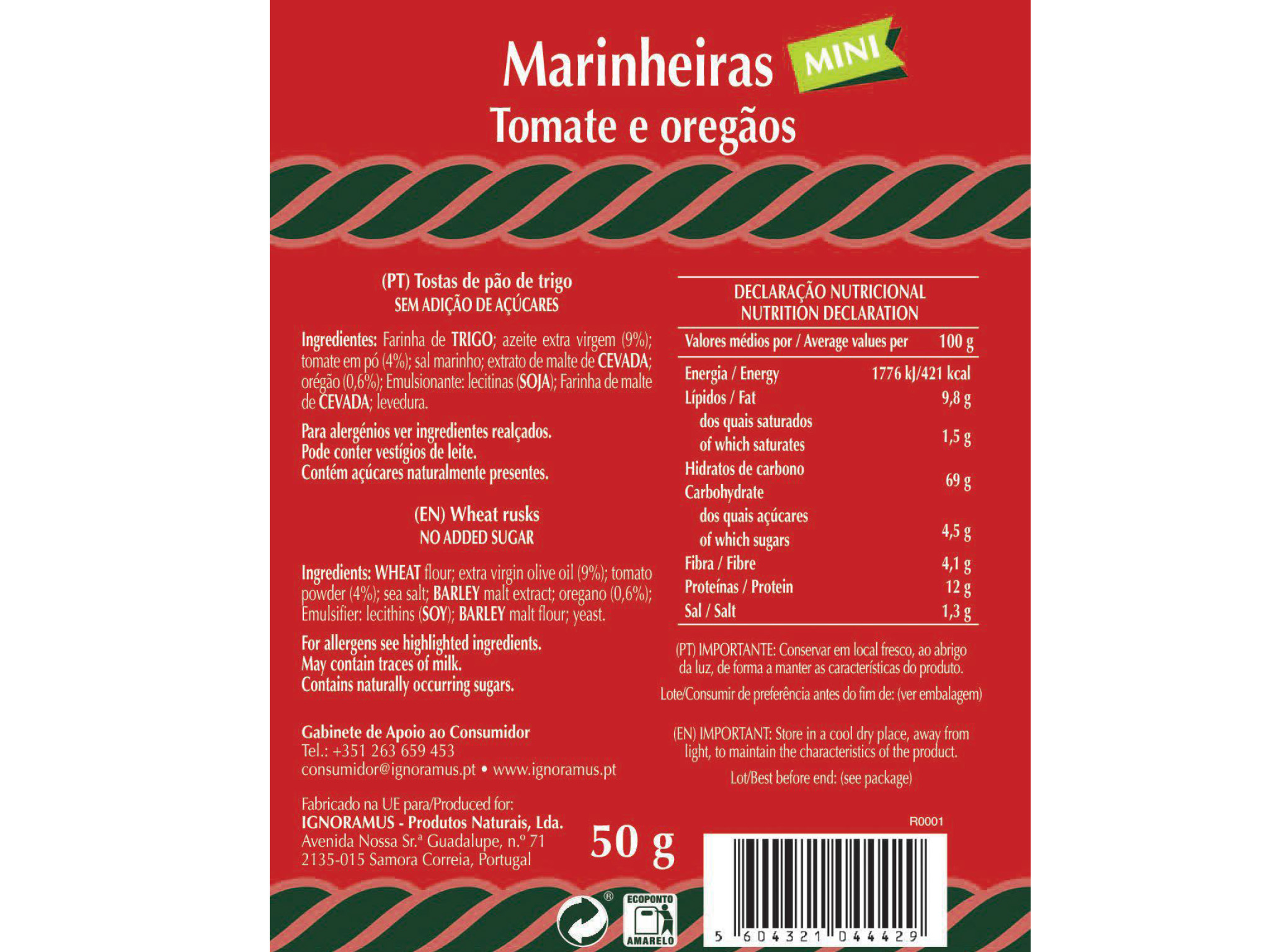 BOLACHAS CEM PORCENTO MINI MARINHEIRAS TOMATE 50G