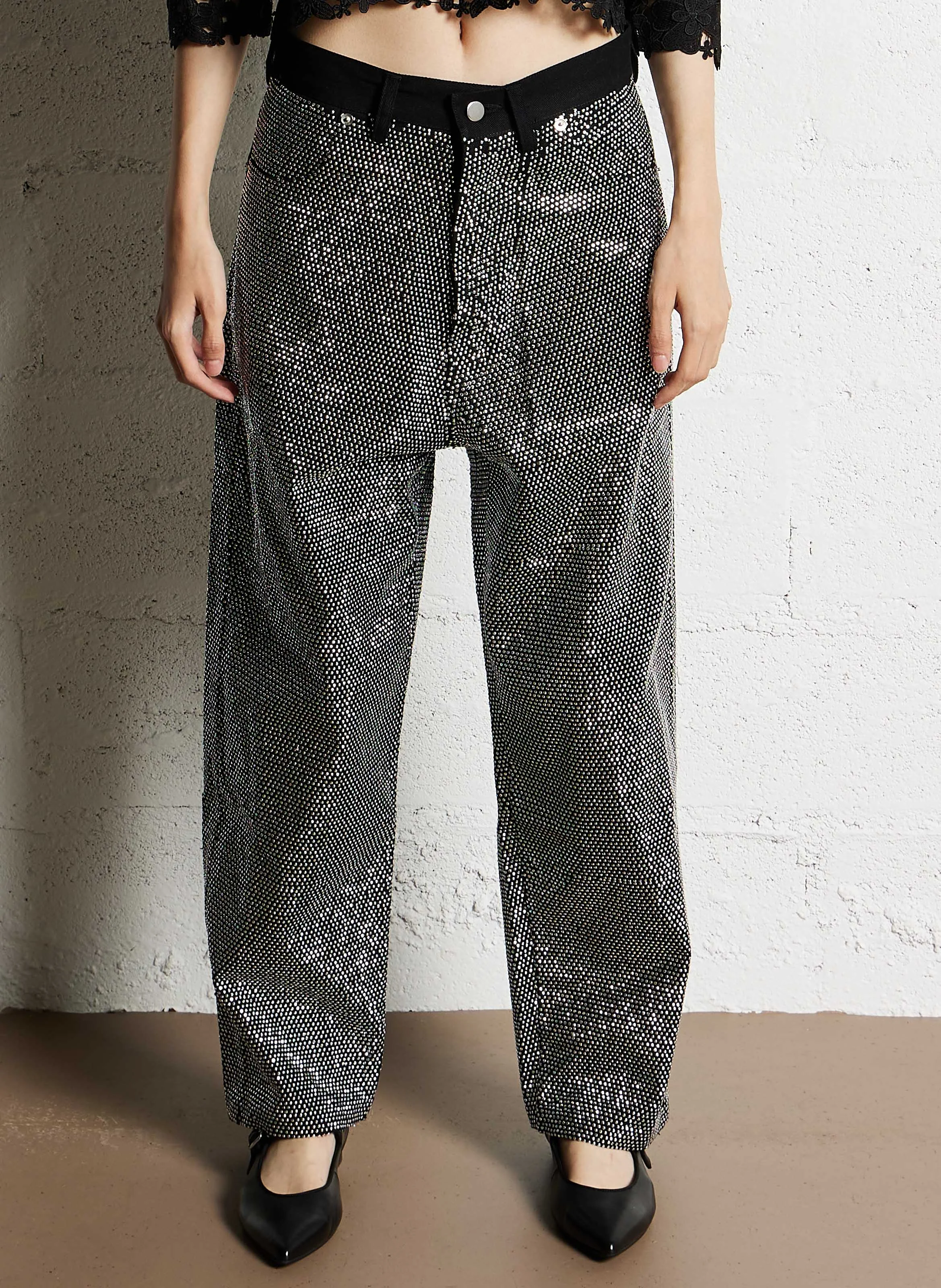 CREME - Pantalon large denim et strass en coton | Noir