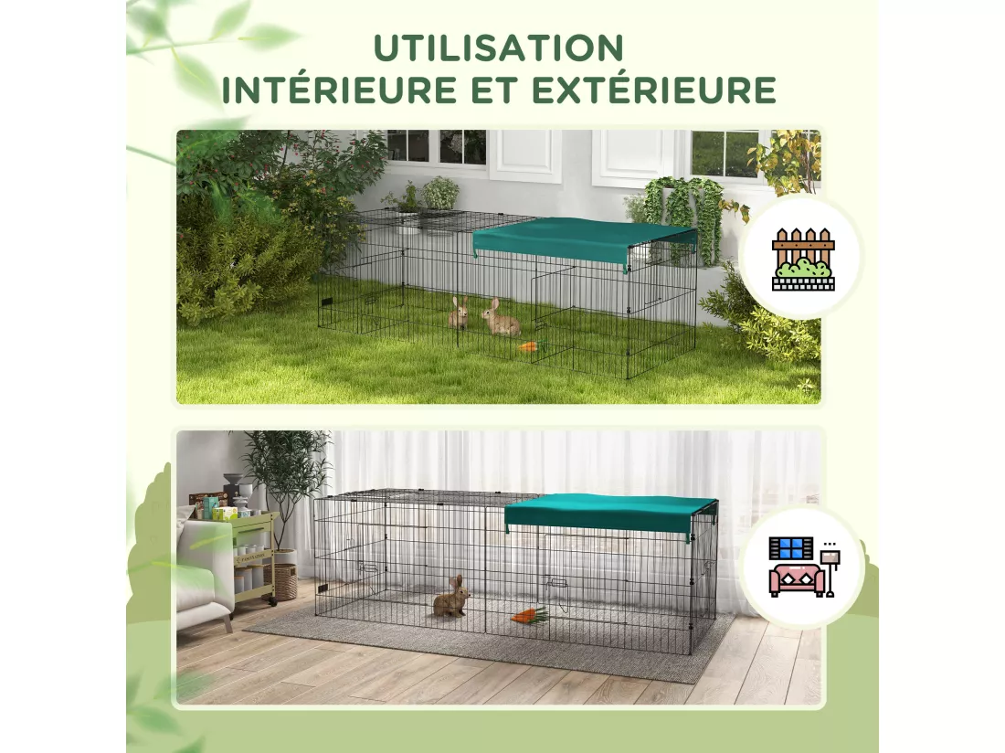 Parc enclos petits animaux - 2 portes, 3 trappes nourrissages, zone couverte - acier noir polyester vert