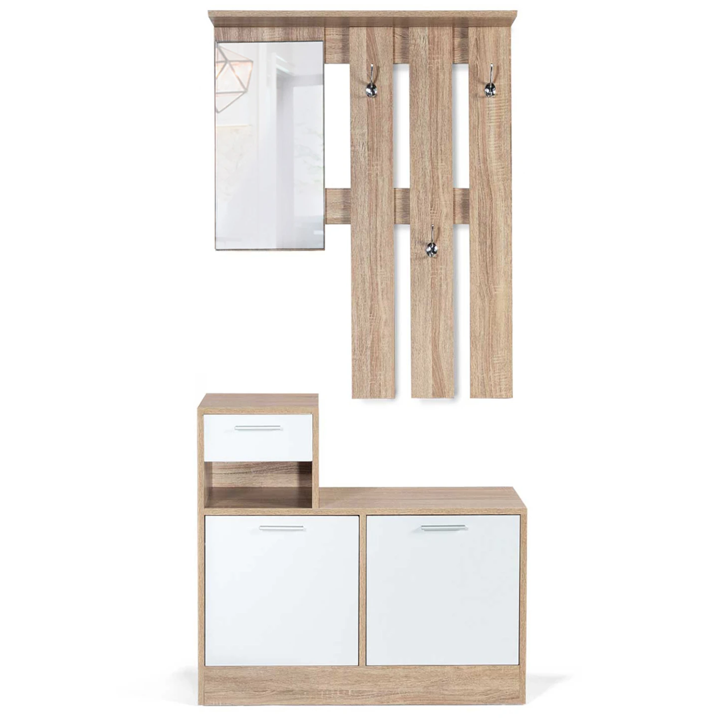 Vestiaire d'entrée avec miroir PAULIN design hêtre portes blanches