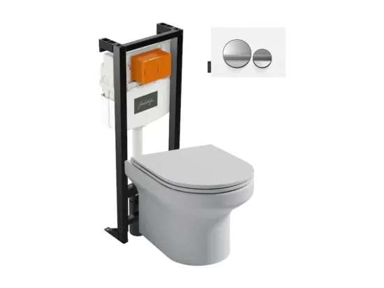 Pack WC suspendu sans bride JACOB DELAFON Elite + bâti-support + plaque Chrome brillant/Blanc mat