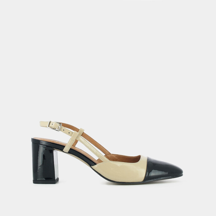 Babies à talons  en cuir vernis noir et beige