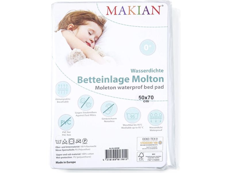 MAKIAN Matratzenschutz Molton, 1-er Pack 50 x 70 cm, Weiss Wasserdichte Matratzenauflage