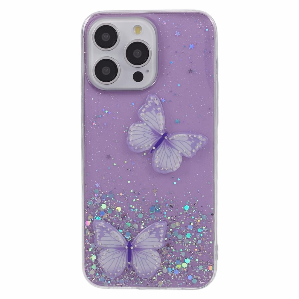 iPhone 16 Pro Max Hybrid Hardcase Schutzhülle im Glitzer Design Schmetterling - Violett / Transparent