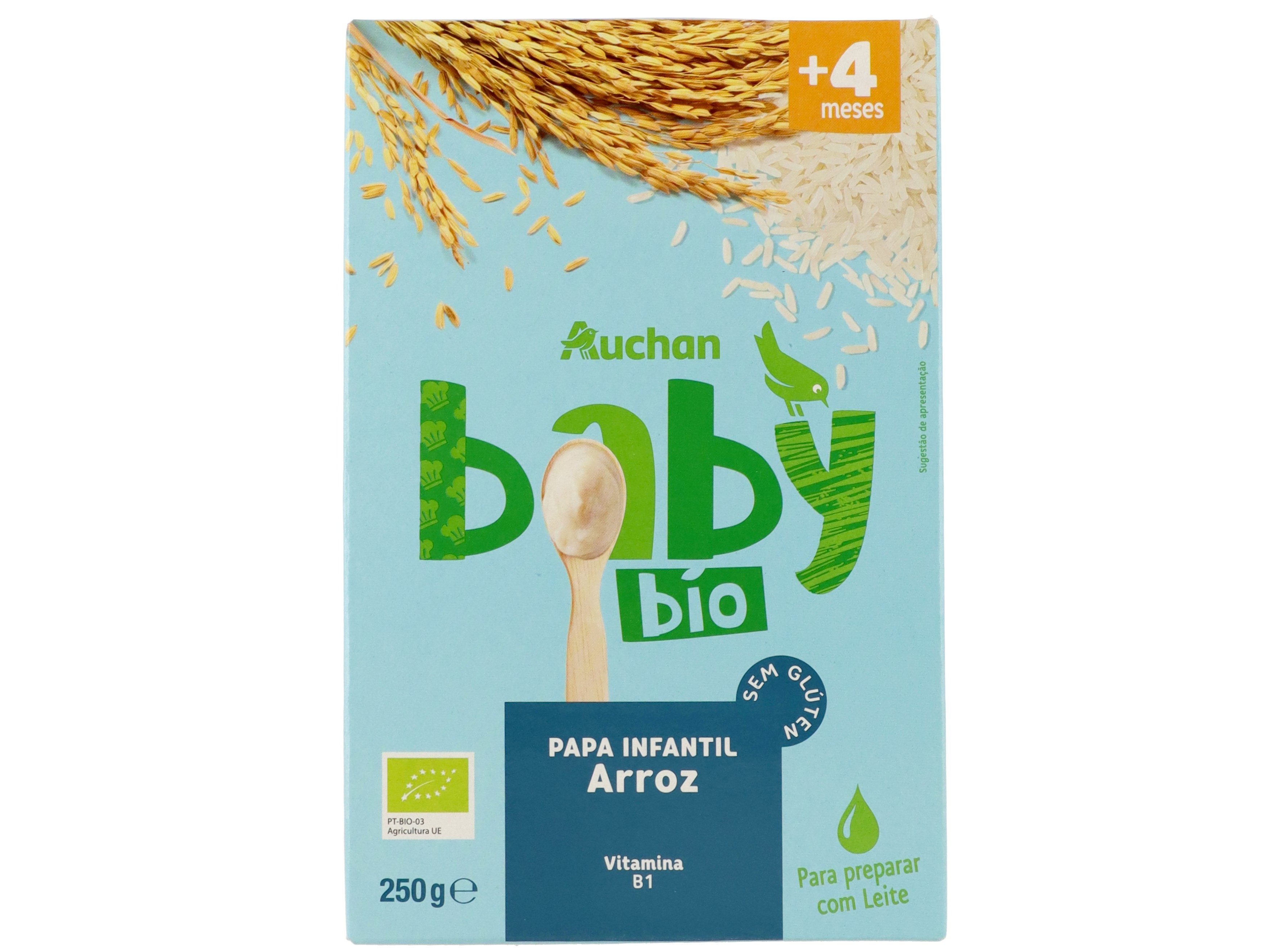 PAPA INFANTIL AUCHAN BABY BIO NÃO LÁCTEA ARROZ SEM GLUTÉN 250G