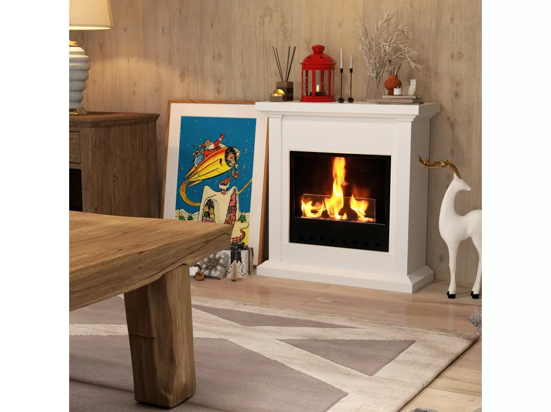 Cheminée bioéthanol - brûleur 400ml, combustion 3h, couverture 16-18 m² - verre trempé protection - blanc