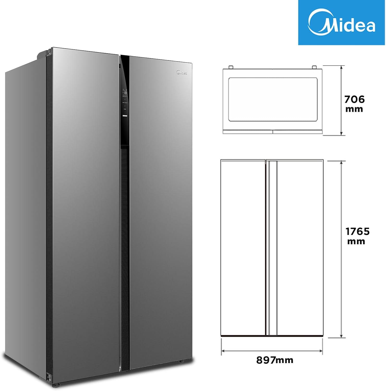 Midea MERS530FGE02 Side-by-Side Kühl-/Gefrierkombination/No Frost/Inverter Compressor/176,5 cm hoch/347 L Kühlen/201 L Gefrieren/Doppelte Steuerung/SuperCool/35dB, Inox