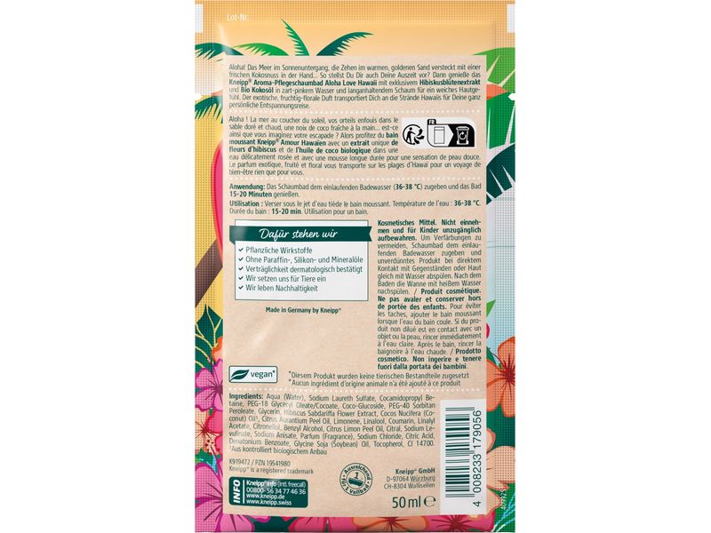 Kneipp Schaumbad Aloha Love Hawaii 50 ml Natürliches Aroma-Pflegeschaumbad mit entspannender Wirkung