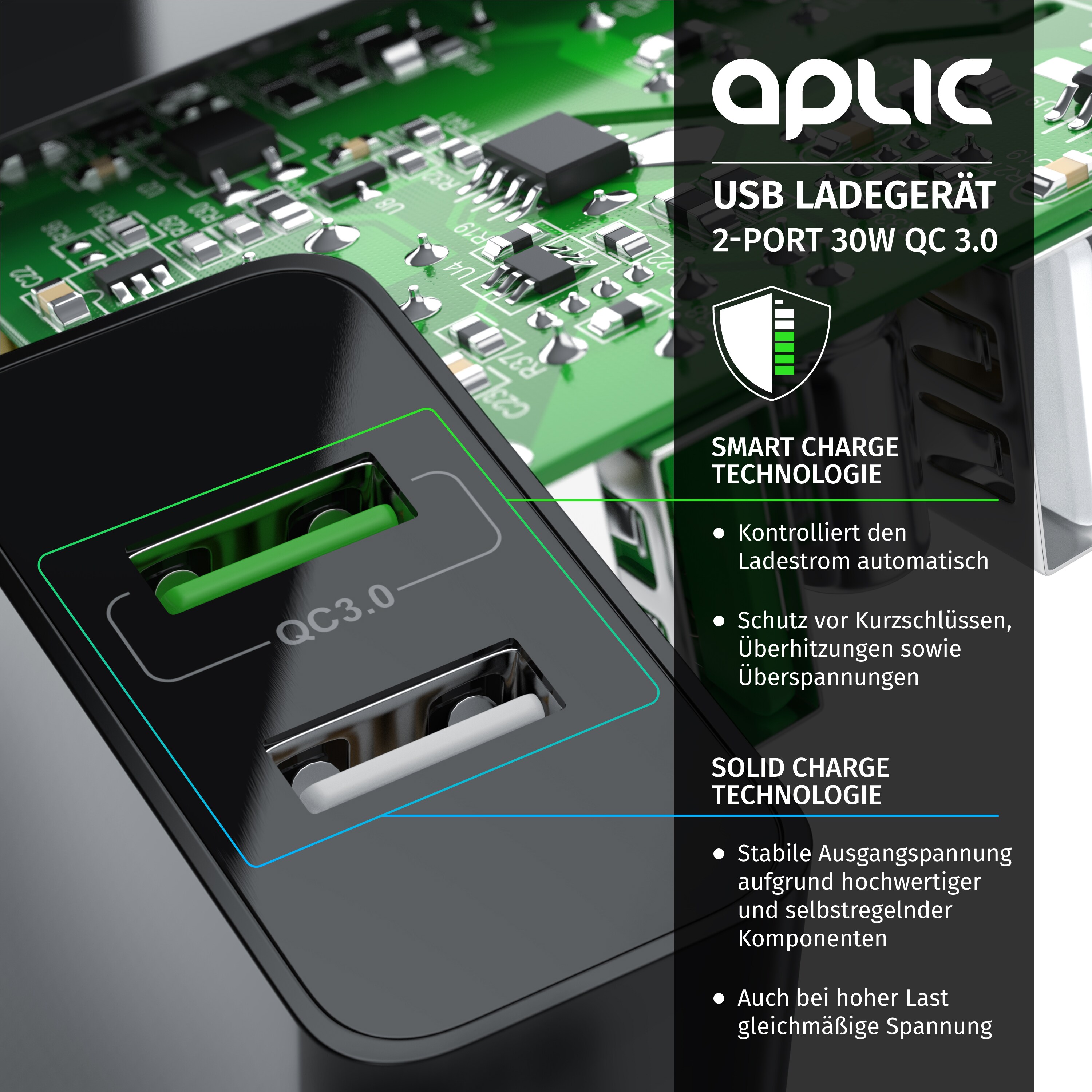 Aplic USB-Ladegerät 3000 mA, 2-Port, 30W, Quick Charge 3.0 (QC 3.0) Schnelladefunktion