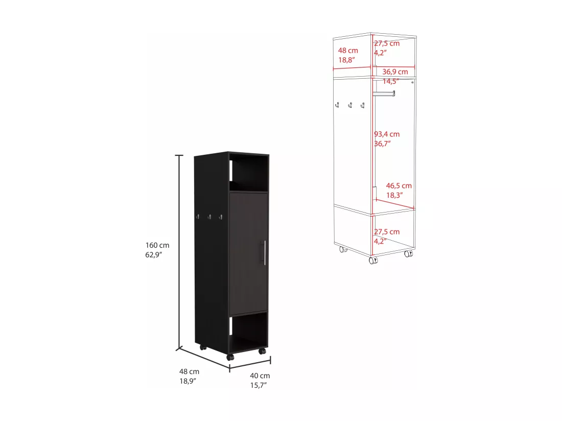 Armoire en mélamine Kronospan avec une porte, deux étagères, tringle à vêtements et miroir inclus, 160 cm X 40 cm X 40 cm X 48 cm, Noir