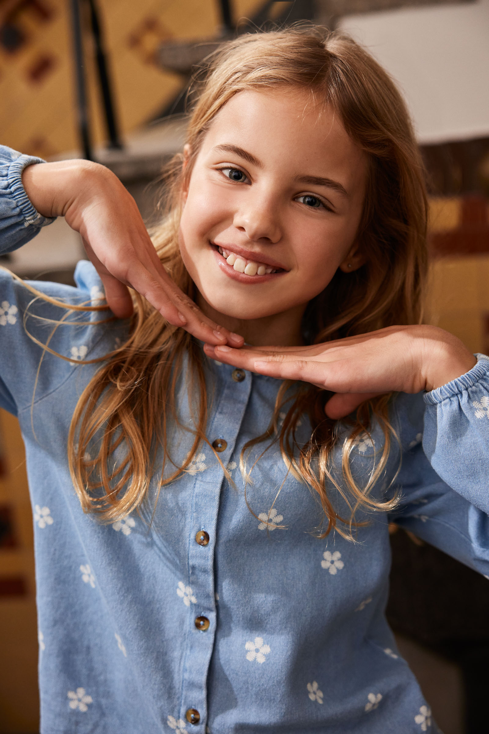 Meisjes denim blouse met dessin Blue Ridge Lichtblauw
