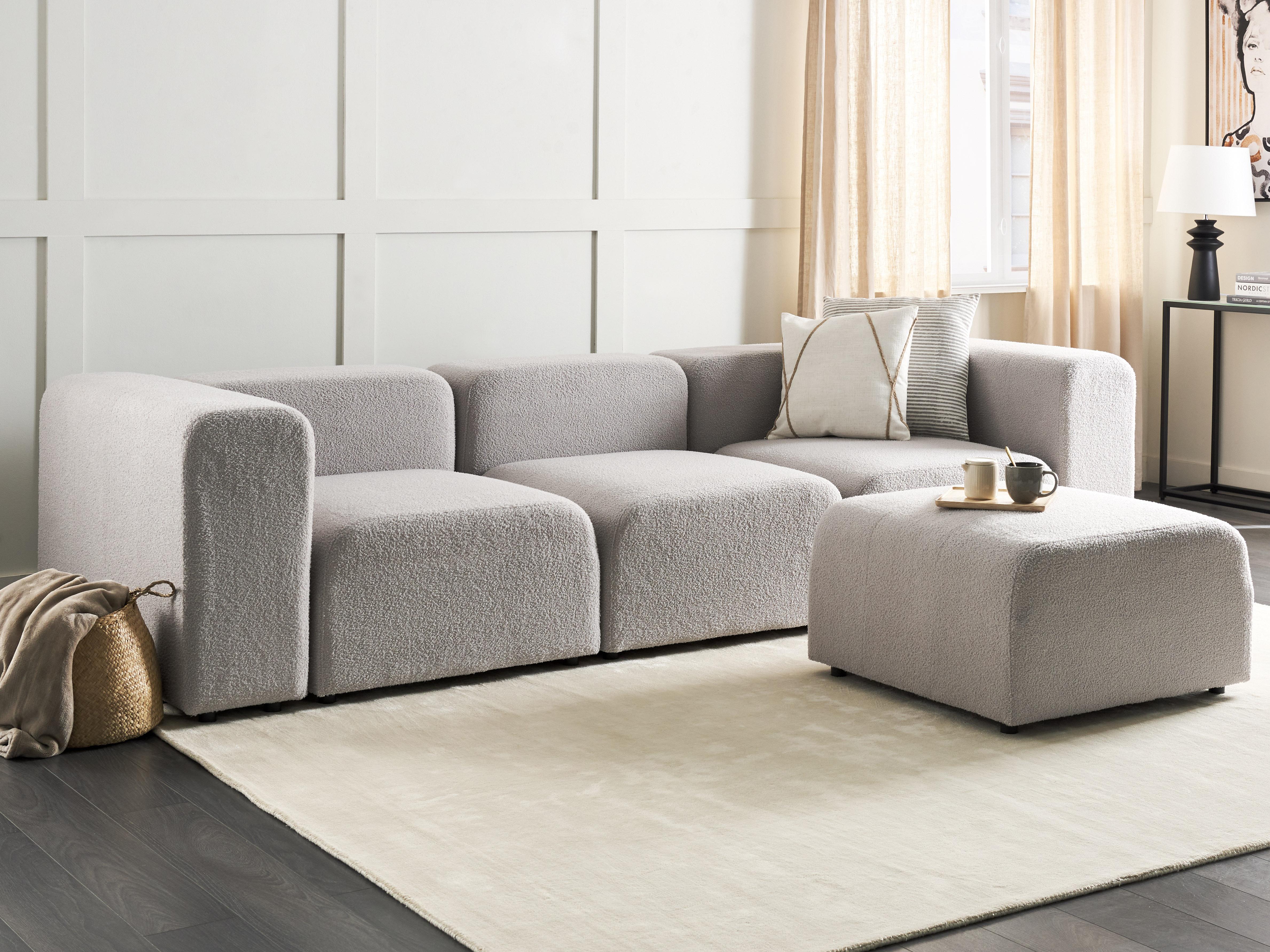 Modulaire bank 3-zits FALSTERBO Bouclé Lichtgrijs met ottomaan