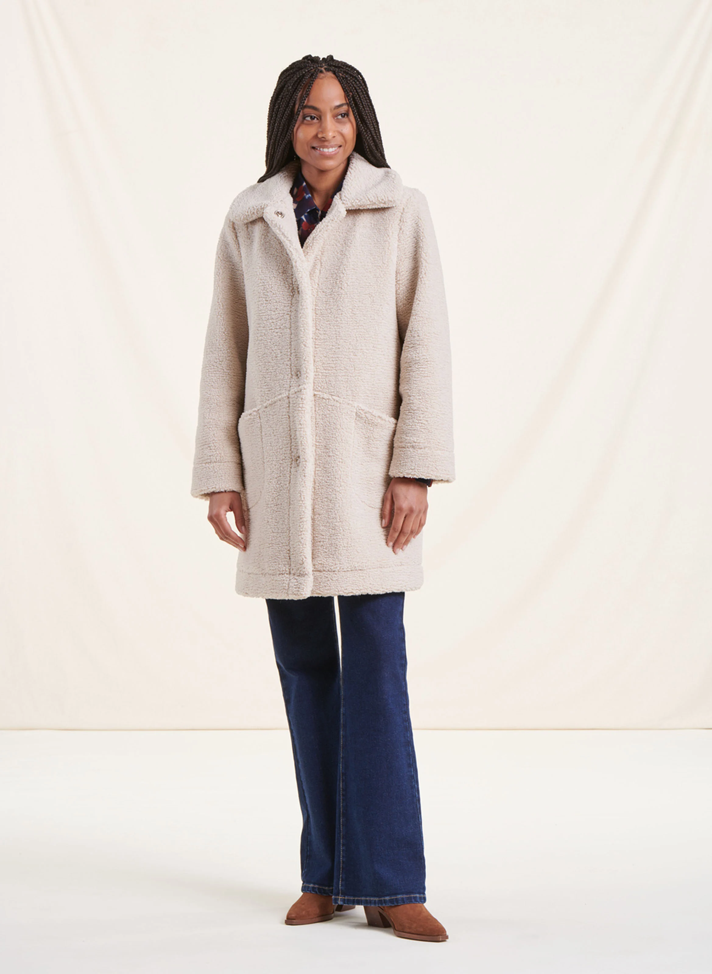 Manteau droit col classique en sherpa | Blanc