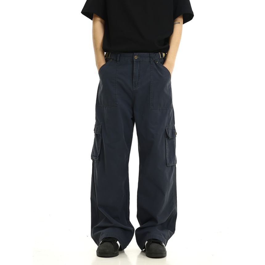 Meiksip - Mid Rise Plain Cargo Wide Leg Pants