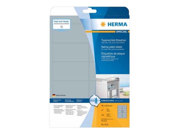 HERMA Special - Polyester - matt - permanent selv-adhesiv - sølv - 96 x 50.8 mm 250 etikett(er) (25 ark x 10) filmetiketter
