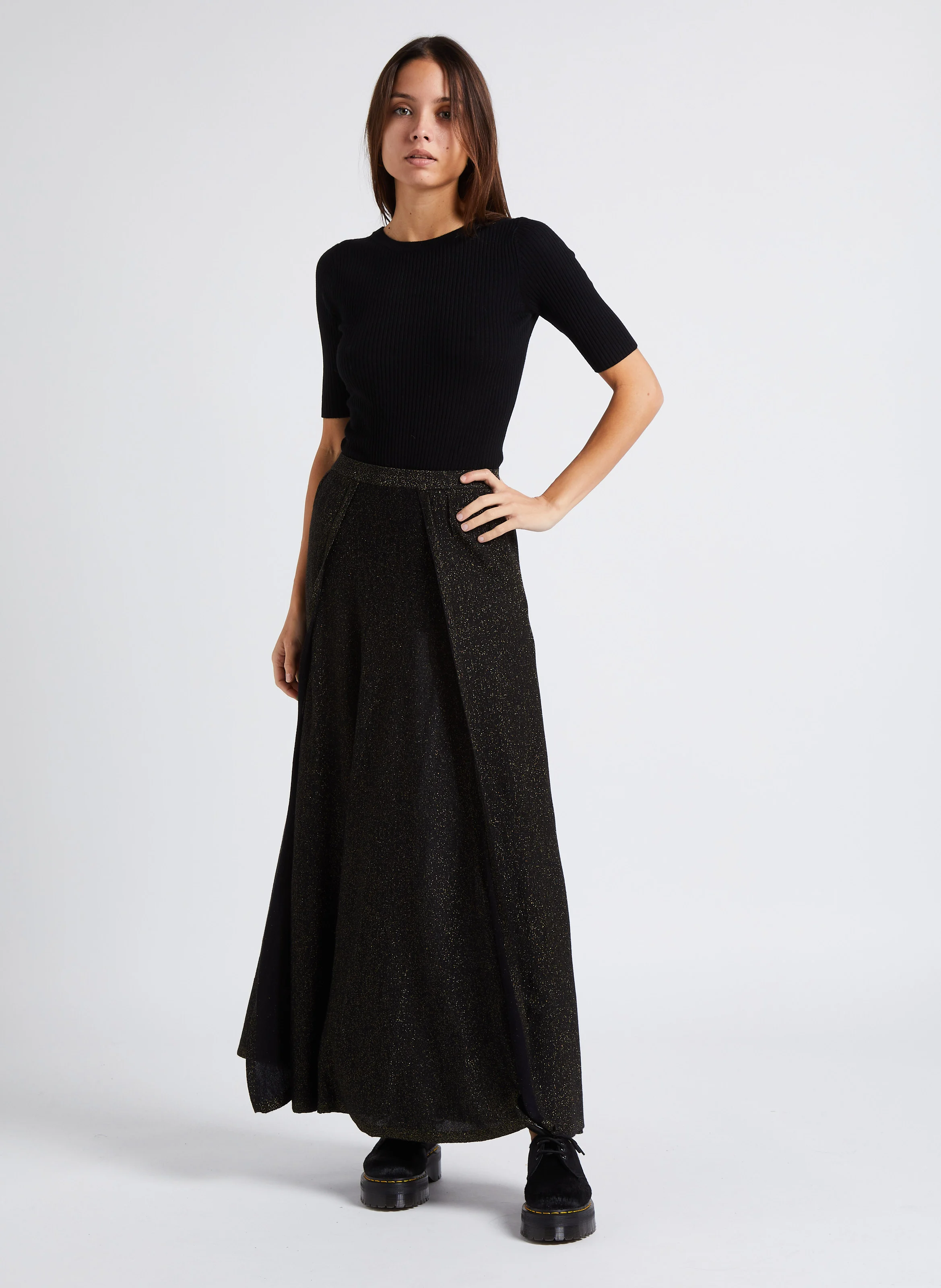 ELISABETH - Jupe longue taille haute à paillettes| Noir
