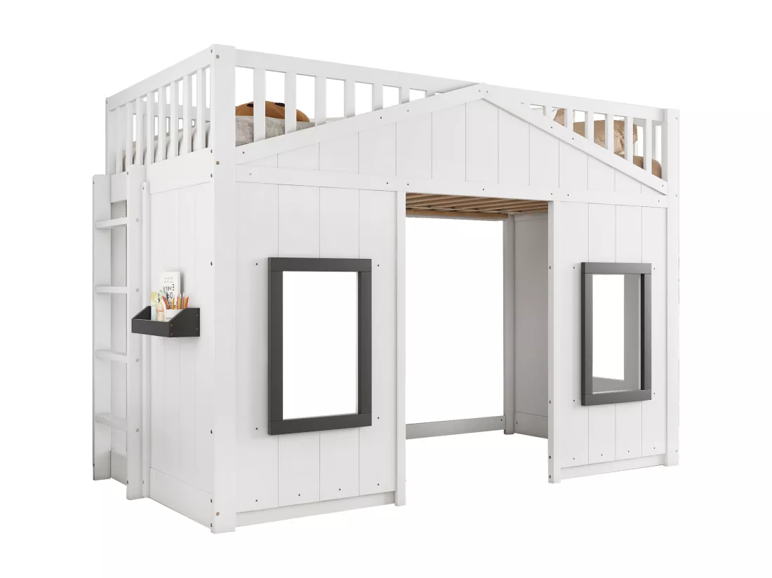 Lit mezzanine 90x200 cm - avec garde-corps et escalier - avec 2 fenêtres - bois massif + MDF - blanc