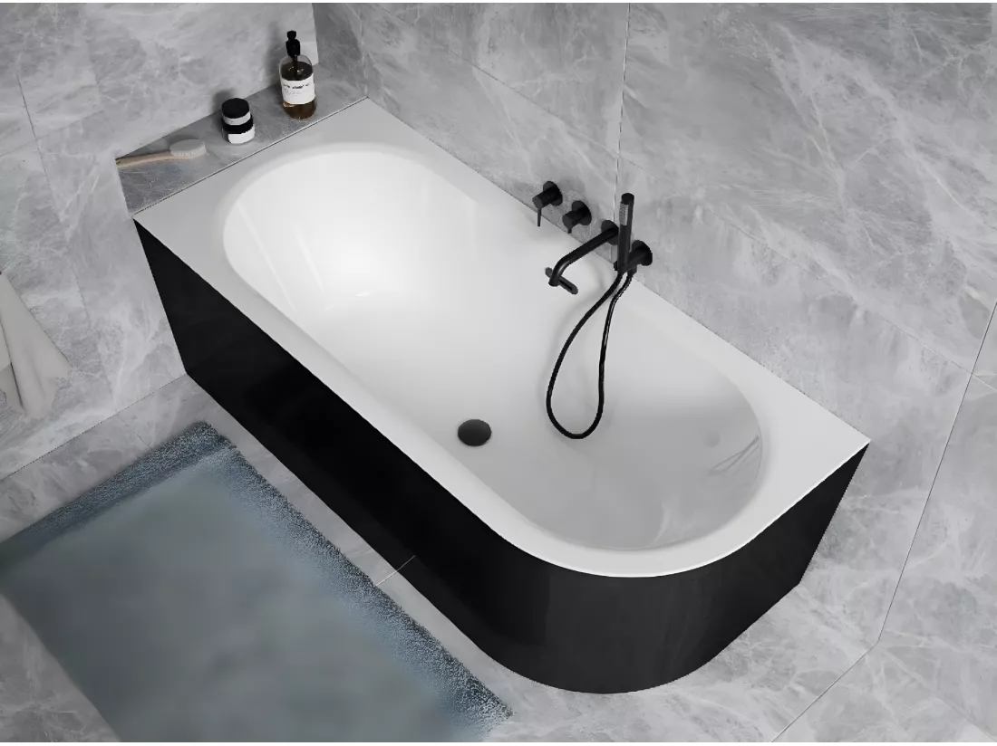 Baignoire d'angle Noir et Blanc + Siphon noir et Vidage inclus + Repose tête - AVITA S CLASSE - GAUCHE - 150 x 75 cm