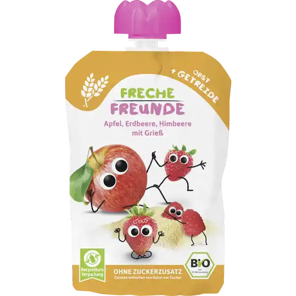 Bio Quetschie Apfel, Erdbeere, Himbeere mit Grieß