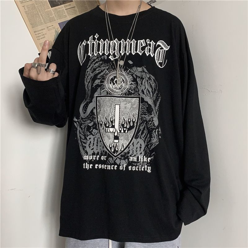 Macho - Oversized T-shirt met lange mouwen, ronde hals en grafische print