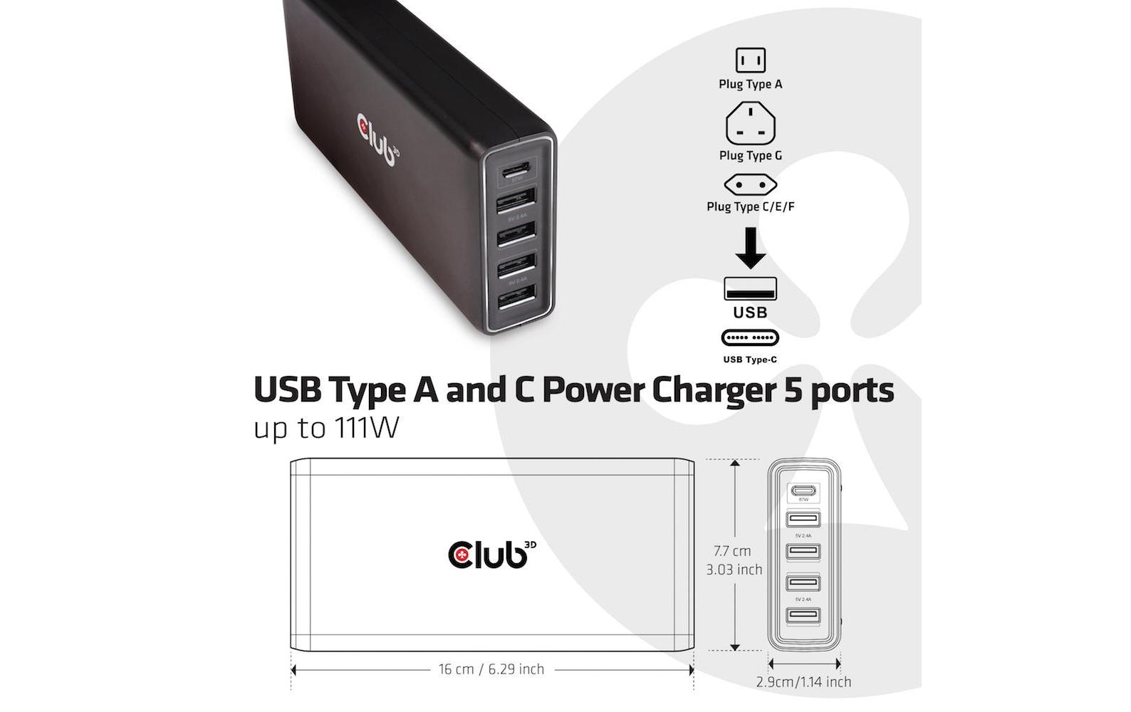 USB-Wandladegerät USB Typ C PD 111W111W, 4x USB Typ A, 1x USB Typ C