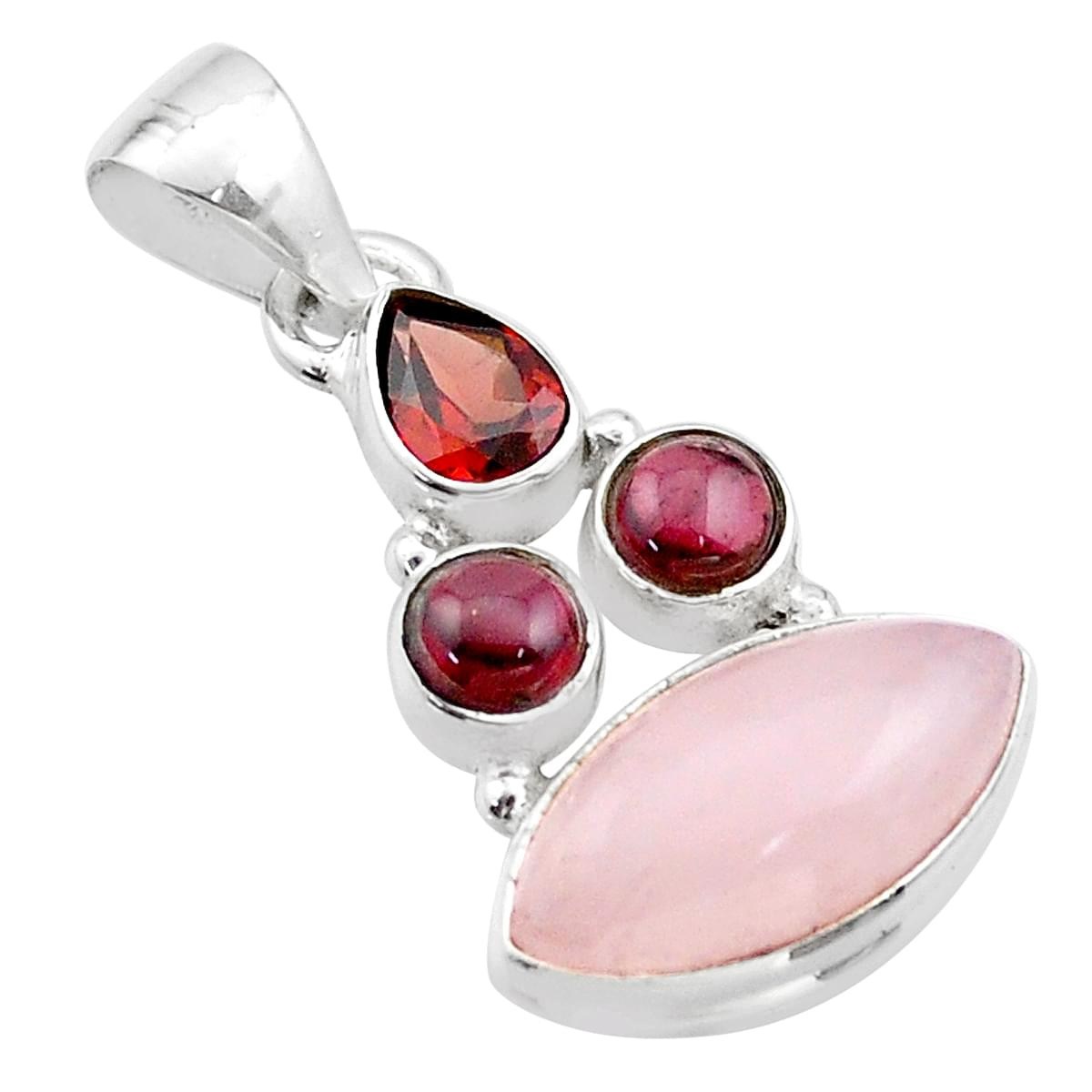 Pendentif fantaisie serti d'1 quartz rose, 3 gemmes grenat en argent + chaine 2,5cm gxi216