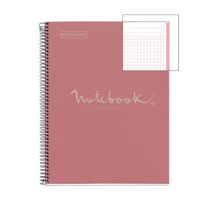 Notebook carton recyclé, A4 quadrillage 5x5 mm, 80 feuilles de 1 couleur, gamme ECO EMOTIONS, Miquelrius, Rose.
