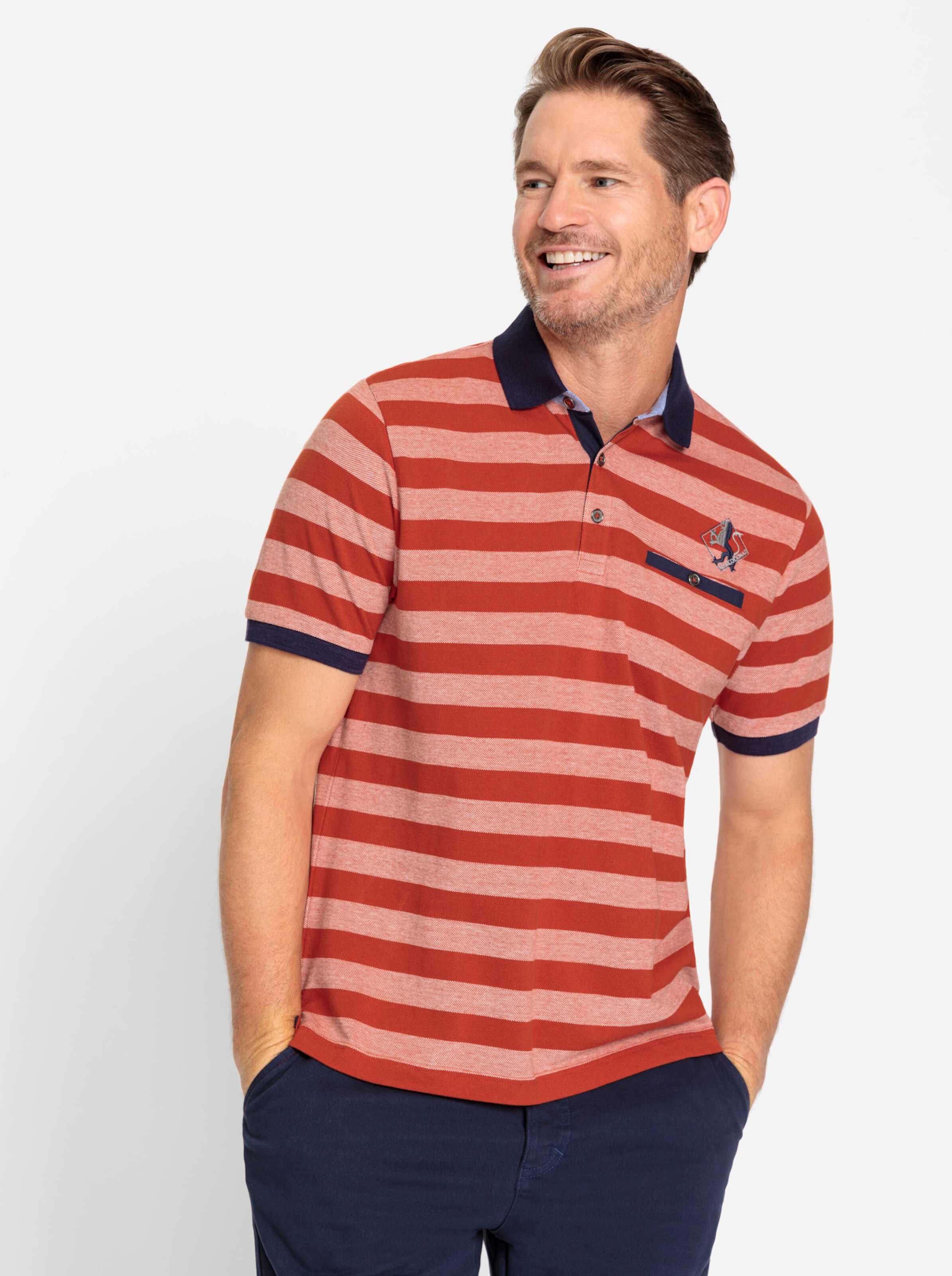 Marco Donati Kurzarm-Poloshirt in rostrot-gestreift
