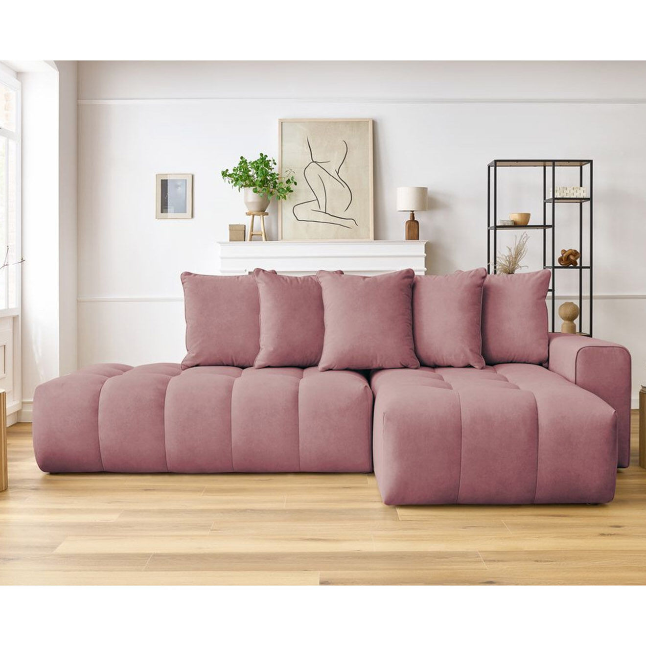 Bobochic Canapé d'angle fixe mont-blanc velours angle droit rose - 313x176x97 cm