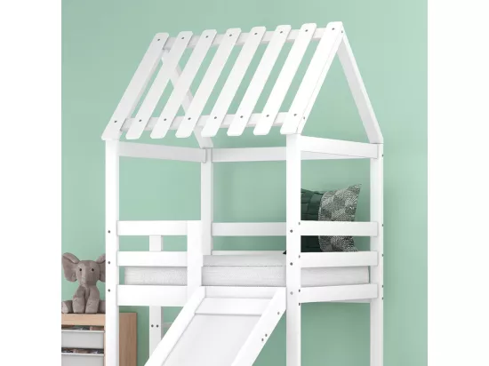 Lit superposé avec toboggan - 90x200cm + 90x100cm - en bois massif - Blanc