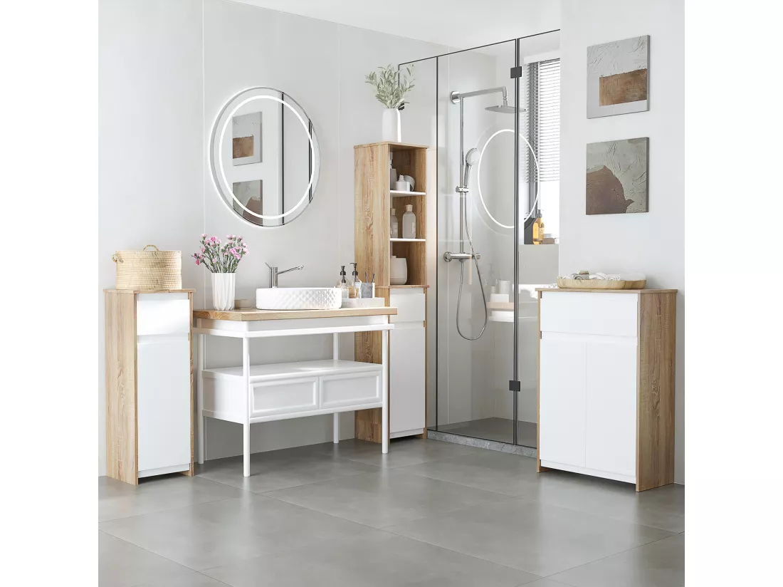 Meuble colonne rangement salle de bain style cosy 3 niches tiroir placard avec étagère blanc aspect chêne clair