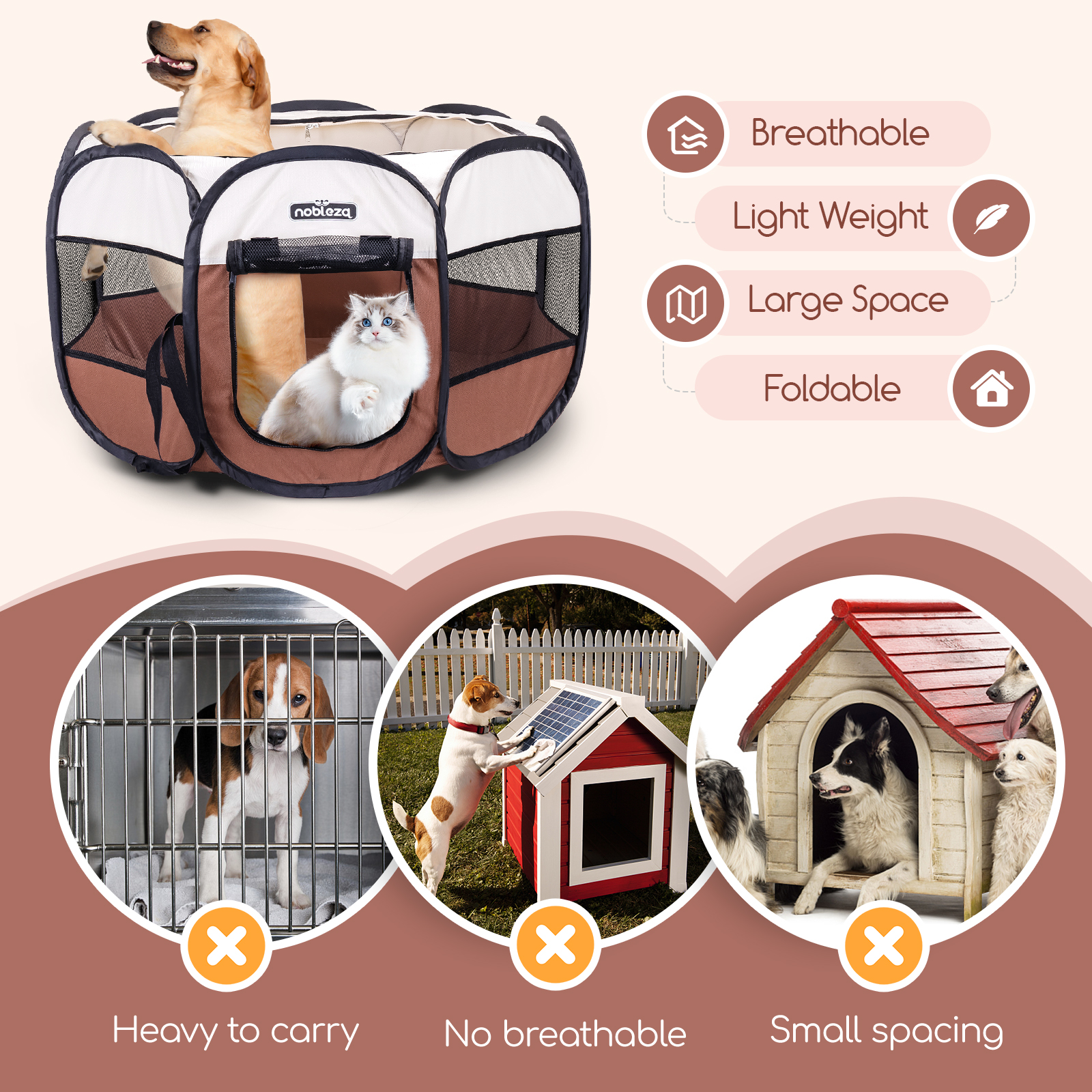 Nobleza - Cercado dobrável para cães, cercado portátil para cães, cercado impermeável em tecido Oxford, gaiola octogonal para filhotes, gatos, cães e coelhos, 125x125x58cm (marrom)