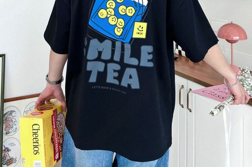 SeoulPop - T-shirt met korte mouwen en cartoonprint, losvallend