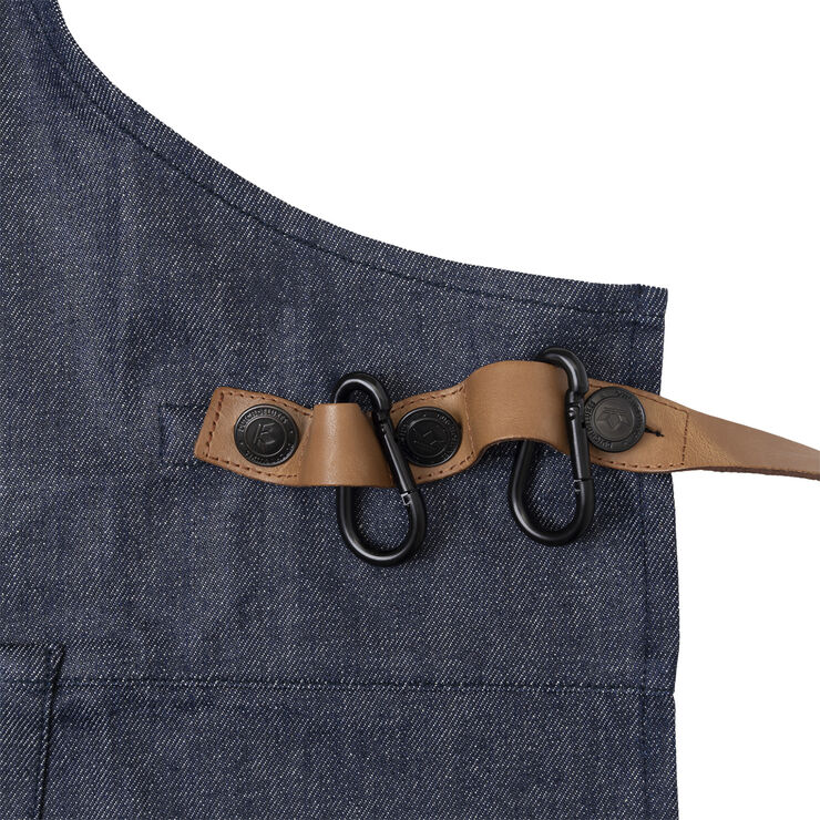 DutchDeluxes BBQ Style Apron, Denim Brut with leather straps in Cognac co Denim brut